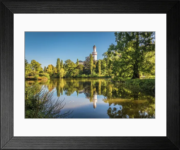 Framed Print : Pond in the castle park of Bad Homburg in front of the height with the white tower, Taunus, Hesse, Germany Framed Print : Pond in the castle park of Bad Homburg in front of the height with the white tower, Taunus, Hesse, Germany
