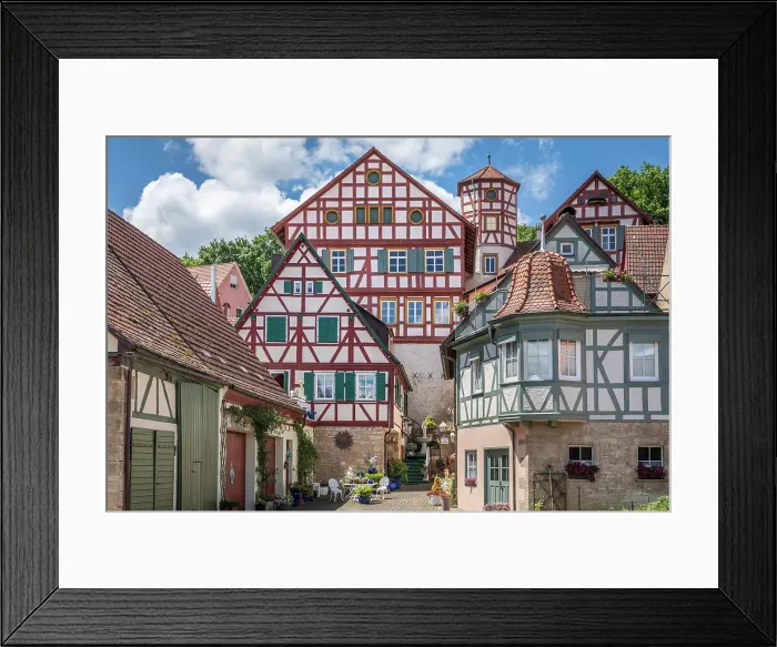 Framed Print : Half-timbered houses and Romschloessle in Creglingen, Romantic Road, Taubertal, Baden-Wurttemberg, Germany Framed Print : Half-timbered houses and Romschloessle in Creglingen, Romantic Road, Taubertal, Baden-Wurttemberg, Germany