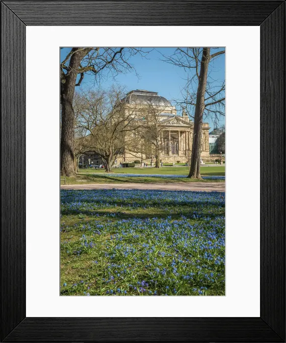 Framed Print : Spring meadow at park with State Theater, Wiesbaden, Hesse, Germany