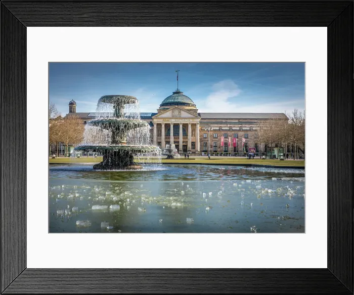 Framed Print : Fountain and icy pond at the bowling green in front of the Kurhaus, Wiesbaden, Hesse, Germany Framed Print : Fountain and icy pond at the bowling green in front of the Kurhaus, Wiesbaden, Hesse, Germany