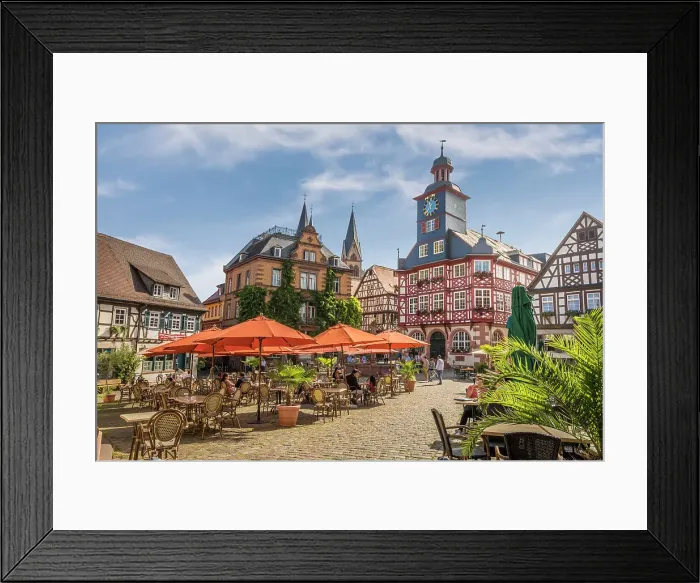 Framed Print : Street cafe and historic half-timbered houses on the market square of Heppenheim, southern Hesse, Hesse, Germany
