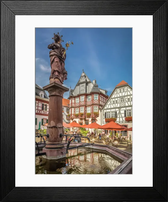 Framed Print : Marienbrunnen and historic half-timbered houses on the market square of Heppenheim, southern Hesse, Hesse, Germany Framed Print : Marienbrunnen and historic half-timbered houses on the market square of Heppenheim, southern Hesse, Hesse, Germany
