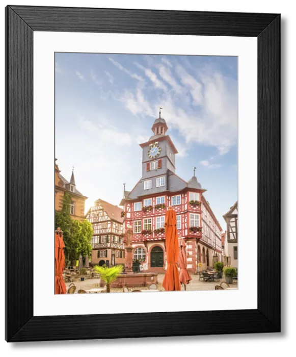 Framed Print : Old town hall and historic half-timbered houses on the market square of Heppenheim, southern Hesse, Hesse, Germany
