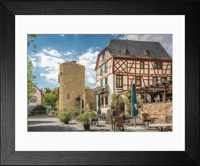 Framed Print : Sebastiansturm and Weinhaus Krone on the waterfront of Eltville, Rheingau, Hesse, Germany
