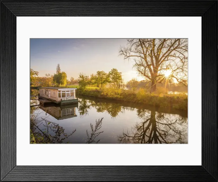 Framed Print : River Main with houseboat at sunrise near Frankfurt-Hochst, Frankfurt, Hesse, Germany Framed Print : River Main with houseboat at sunrise near Frankfurt-Hochst, Frankfurt, Hesse, Germany