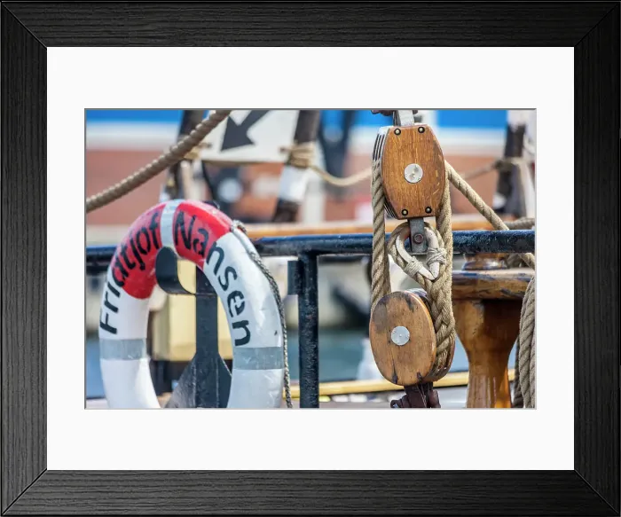 Framed Print : Lifebuoy and ropes on the sailing ship Fridtjof Nansen (1919) in the port of Wismar, Mecklenburg-Western Pomerania, Baltic Sea, Northern Germany, Germany