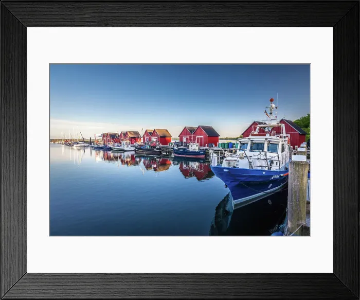 Framed Print : Fishing cutter and red boathouses in Marina Weisse Wiek in Boltenhagen, Mecklenburg-Western Pomerania, Baltic Sea, North Germany, Germany Framed Print : Fishing cutter and red boathouses in Marina Weisse Wiek in Boltenhagen, Mecklenburg-Western Pomerania, Baltic Sea, North Germany, Germany