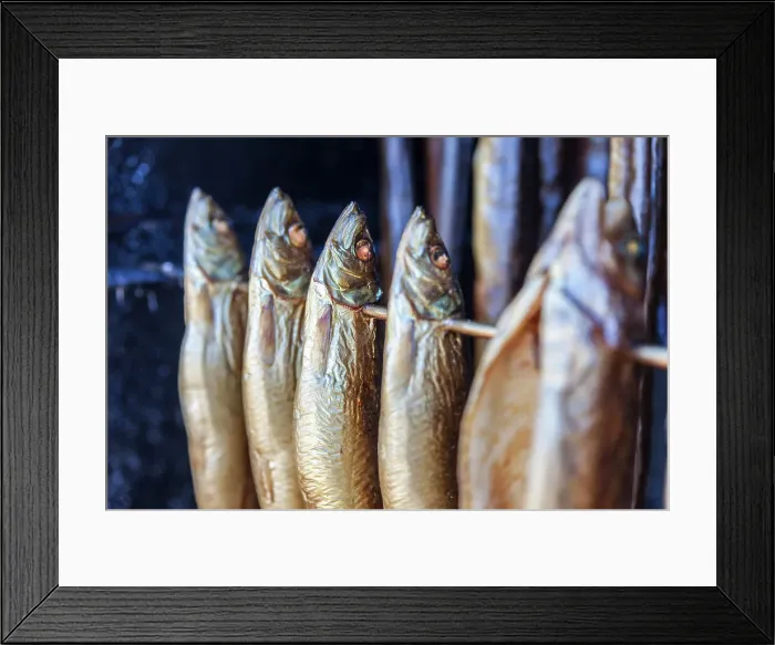 Framed Print : Smoking oven with mackerel in Prerow, Mecklenburg-West Pomerania, Baltic Sea, North Germany, Germany