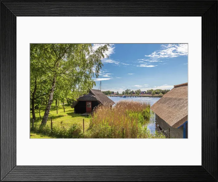 Framed Print : Thatched boat houses at the Bodden harbour of Prerow, Mecklenburg-Western Pomerania, Baltic Sea, Northern Germany, Germany