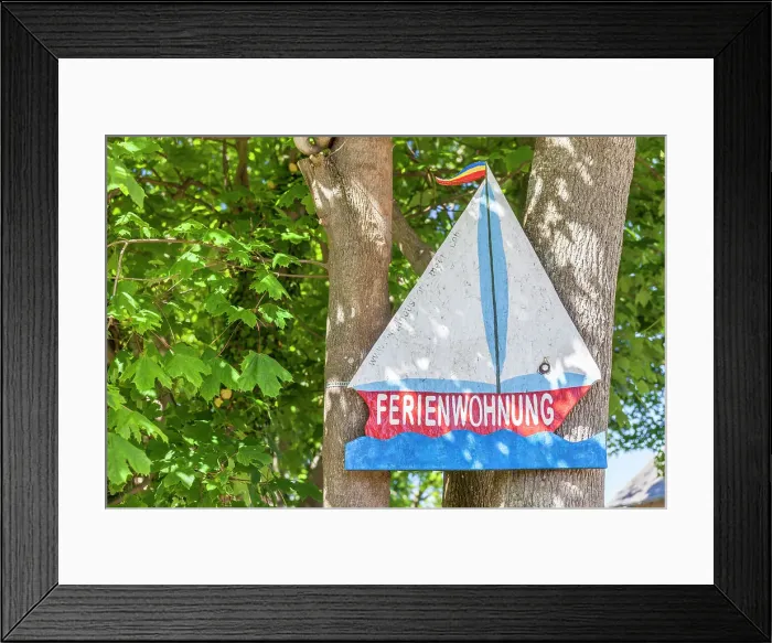 Framed Print : Wooden sign holiday apartment with motif sailing ship in Ahrenshoop, Mecklenburg-Western Pomerania, Baltic Sea, Northern Germany, Germany Framed Print : Wooden sign holiday apartment with motif sailing ship in Ahrenshoop, Mecklenburg-Western Pomerania, Baltic Sea, Northern Germany, Germany