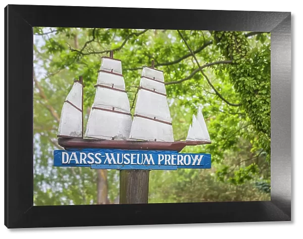 Information sign with sailing ship to the Darss Museum, Prerow, Mecklenburg-Western Pomerania, Baltic Sea, Northern Germany, Germany
