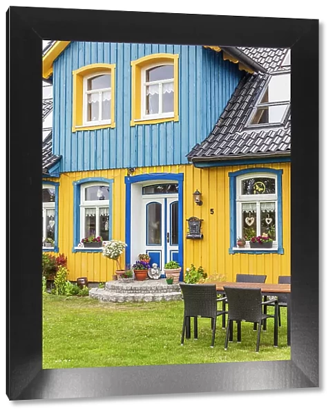 Colorfully painted wooden house in Born am Darss, Mecklenburg-West Pomerania, Baltic Sea, Northern Germany, Germany