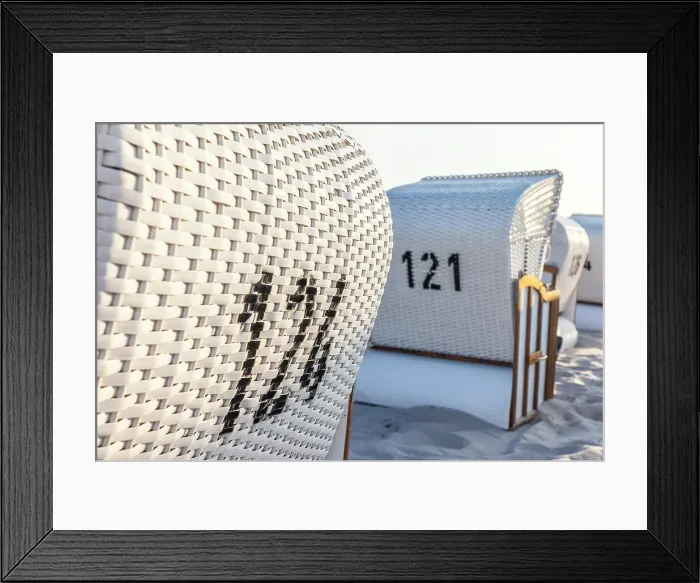 Framed Print : White beach chairs in the evening light on the beach of Zingst, Mecklenburg-Western Pomerania, Baltic Sea, Northern Germany, Germany
