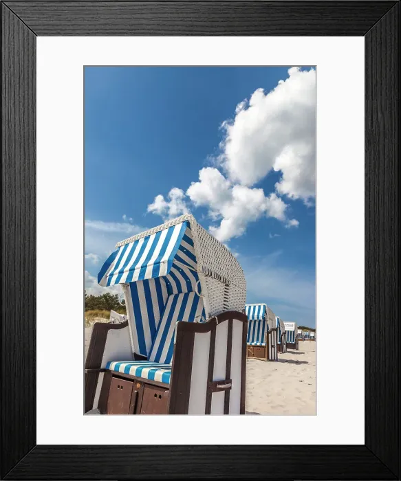 Framed Print : Blue and white beach chairs on the beach of Zingst, Mecklenburg-Western Pomerania, Baltic Sea, Northern Germany, Germany