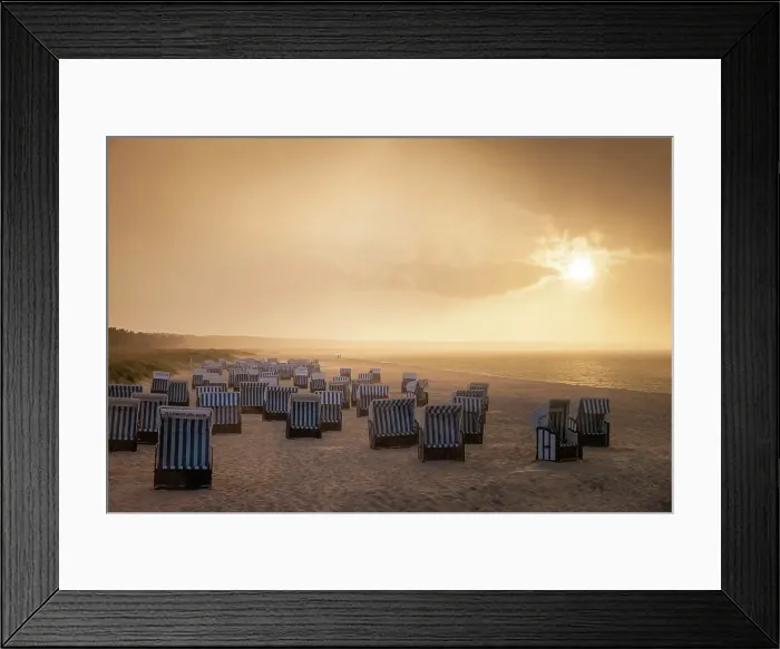 Framed Print : Beach chairs with rain clouds with sunset in Prerow, Mecklenburg-Western Pomerania, Baltic Sea, North Germany, Germany