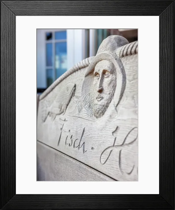 Framed Print : Wooden relief at a restaurant in Kuehlungsborn, Mecklenburg-West Pomerania, Baltic Sea, North Germany, Germany