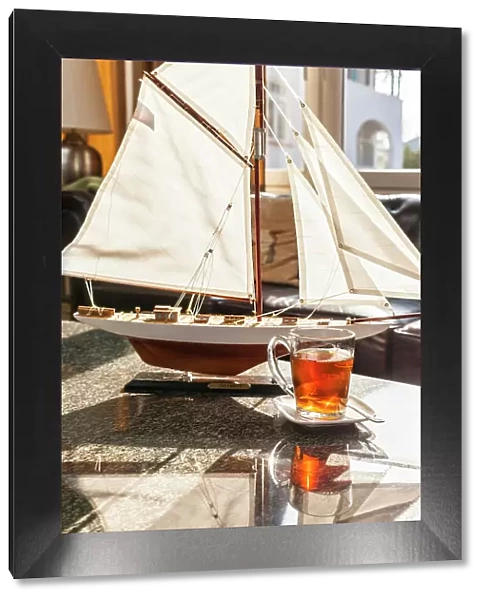 Sailing ship model and tea set in the salon of a hotel in Kuehlungsborn, Mecklenburg-West Pomerania, Baltic Sea, Northern Germany, Germany