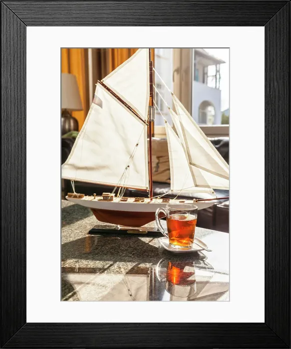 Framed Print : Sailing ship model and tea set in the salon of a hotel in Kuehlungsborn, Mecklenburg-West Pomerania, Baltic Sea, Northern Germany, Germany