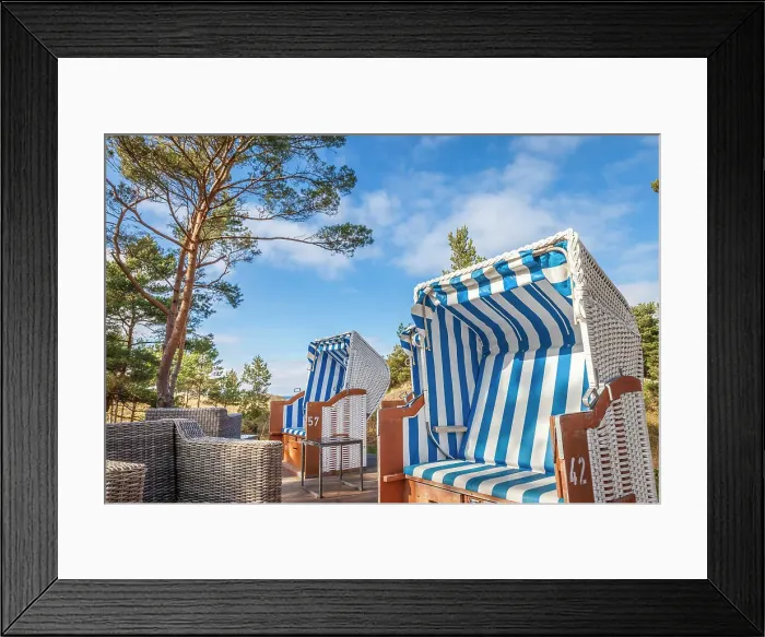 Framed Print : Beach chairs in a cafe in Dierhagen, Mecklenburg-Western Pomerania, Baltic Sea, North Germany, Germany