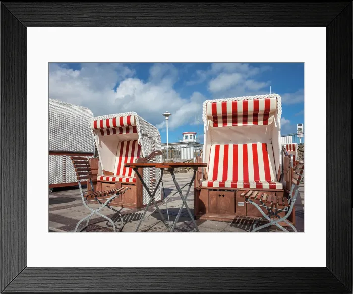 Framed Print : Red and white beach chairs in a beach restaurant at the pier of Prerow, Mecklenburg-Western Pomerania, Baltic Sea, Northern Germany, Germany Framed Print : Red and white beach chairs in a beach restaurant at the pier of Prerow, Mecklenburg-Western Pomerania, Baltic Sea, Northern Germany, Germany