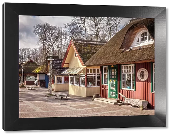 Row of shops with small shops at the pier of Prerow, Mecklenburg-Western Pomerania, Baltic Sea, Northern Germany, Germany