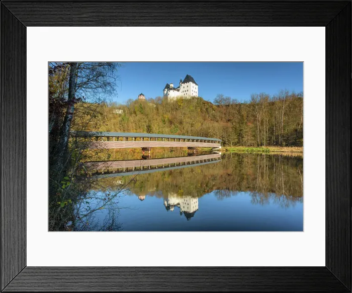 Framed Print : Castle Burgk Castle and covered wooden bridge on the river Saale, Burgk, Thuringian Slate Mountains, Saale-Orla district, Thuringia, Germany