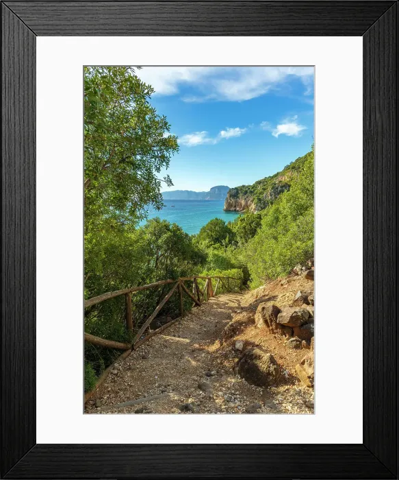 Framed Print : Europe, Italy, Sardinia. A path on coast near Cala Gonone to the beach in the morning light Framed Print : Europe, Italy, Sardinia. A path on coast near Cala Gonone to the beach in the morning light