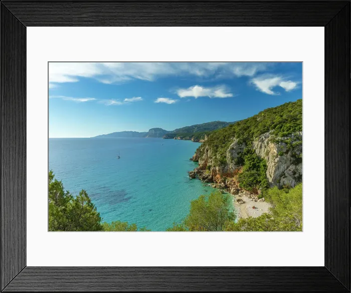 Framed Print : Europe, Italy, Sardinia. View to the beach Cala Fuili and the whole coast of the Golfo di Orosei