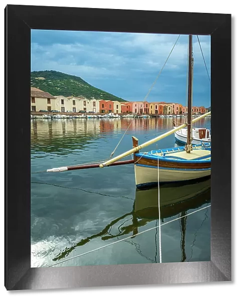 Europe, Italy, Sardinia. A traditional sailingboat anchoring on the banks of River Temo in Bosa