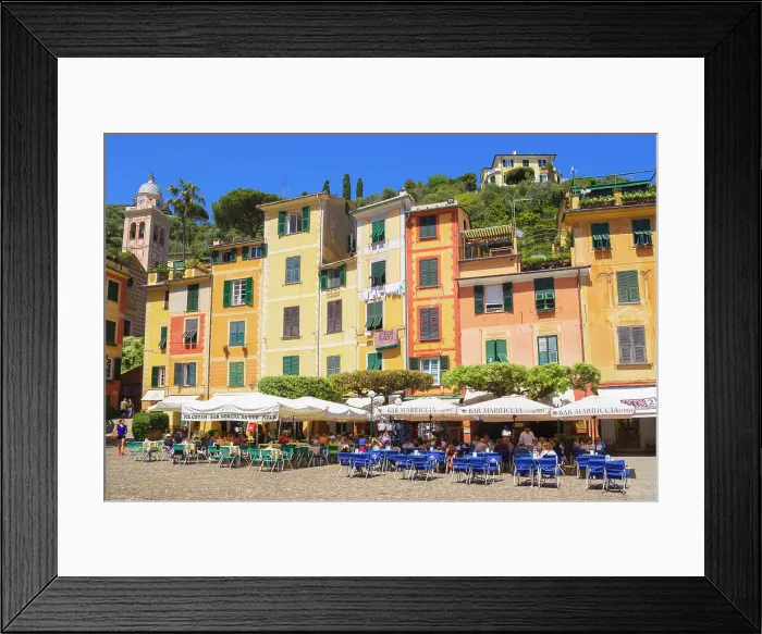 Framed Print : Outdoor restaurants in Piazza Martiri dell Olivetta, Portofino, Liguria, Italy