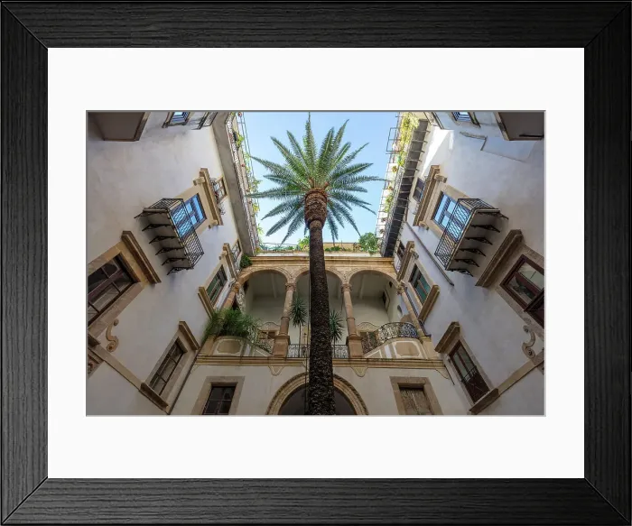Framed Print : Italy, Sicily, Palermo, a courtyard with a palm tree in Central Palermo Framed Print : Italy, Sicily, Palermo, a courtyard with a palm tree in Central Palermo