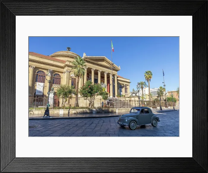 Framed Print : Italy, Sicily, Palermo, Teatro Massimo, a vintage Fiat Uno drives past the Opera House Framed Print : Italy, Sicily, Palermo, Teatro Massimo, a vintage Fiat Uno drives past the Opera House