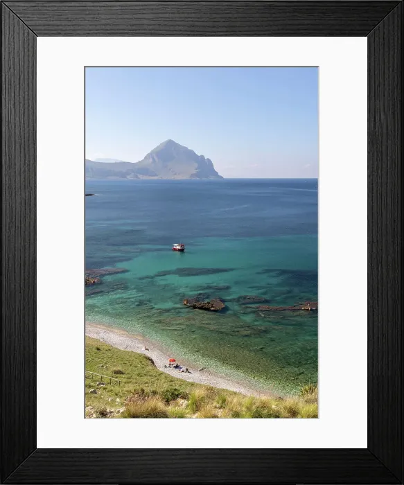 Framed Print : Italy, Sicily, Trapani, Macari bay, Golfo di Macari, a boat moors off the beach Framed Print : Italy, Sicily, Trapani, Macari bay, Golfo di Macari, a boat moors off the beach