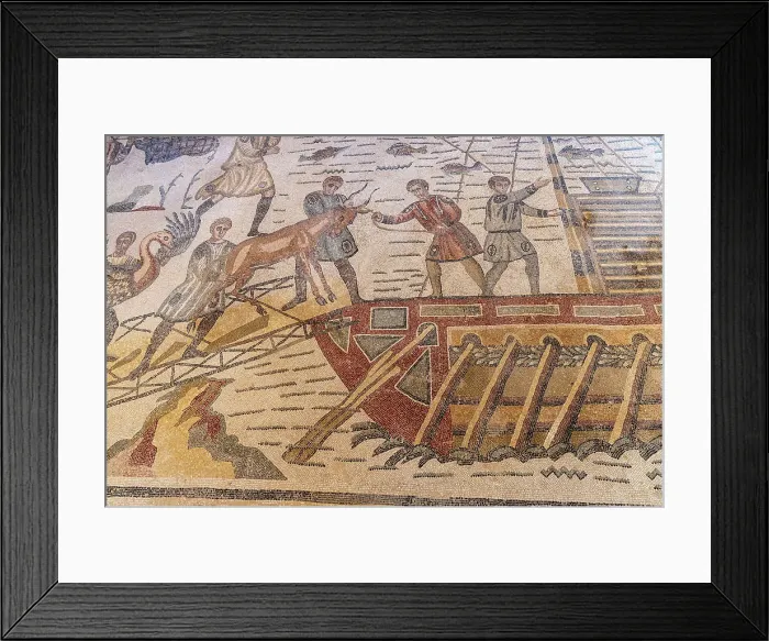Framed Print : Italy, Sicily, Piazza Armerina, Villa Romana del Casale, Roman mosaics depicting animals being loaded onto a boat Framed Print : Italy, Sicily, Piazza Armerina, Villa Romana del Casale, Roman mosaics depicting animals being loaded onto a boat