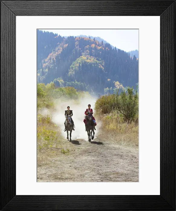 Framed Print : Kazakhstan, Almaty, a couple of Kazakhs ride their horses Framed Print : Kazakhstan, Almaty, a couple of Kazakhs ride their horses