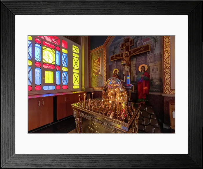 Framed Print : Kazakhstan, Almaty, Zenkov Russian orthodox cathedral interior, a candlelit altar Framed Print : Kazakhstan, Almaty, Zenkov Russian orthodox cathedral interior, a candlelit altar