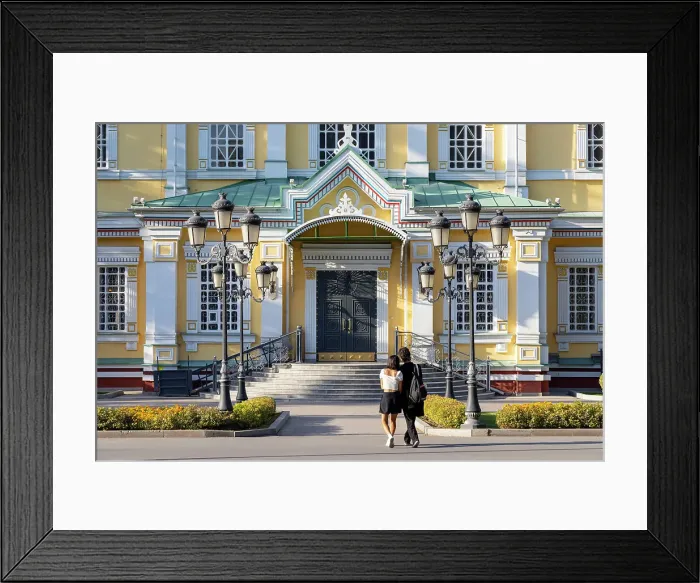 Framed Print : Kazakhstan, Almaty, Zenkov Russian orthodox cathedral, two tourists visit the cathedral Framed Print : Kazakhstan, Almaty, Zenkov Russian orthodox cathedral, two tourists visit the cathedral