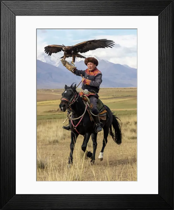 Framed Print : Kyrgyzstan, Issyk Kul Lake, golden eagle hunter on horseback Framed Print : Kyrgyzstan, Issyk Kul Lake, golden eagle hunter on horseback