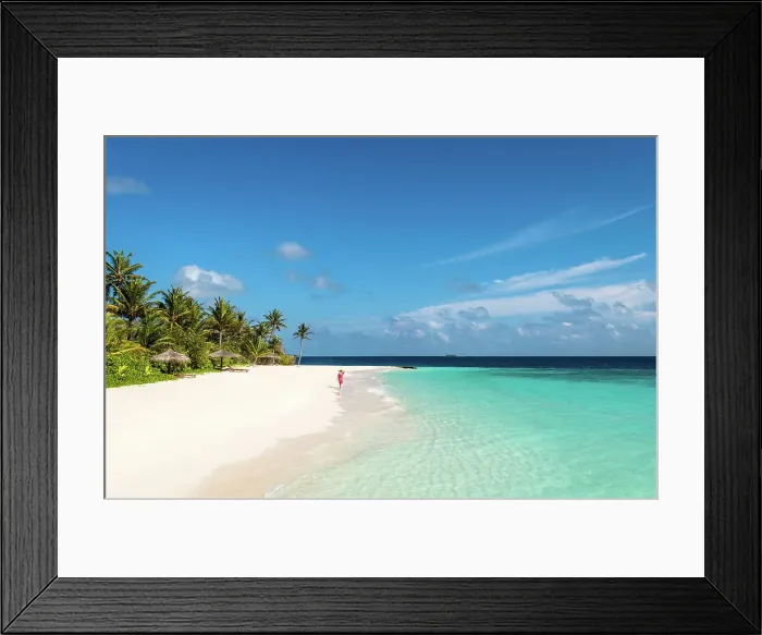 Framed Print : Woman walking on a sandy beach, Baa Atoll, Maldives Framed Print : Woman walking on a sandy beach, Baa Atoll, Maldives
