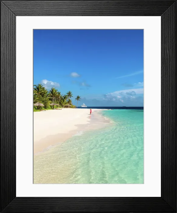 Framed Print : Woman walking on a sandy beach, Baa Atoll, Maldives Framed Print : Woman walking on a sandy beach, Baa Atoll, Maldives