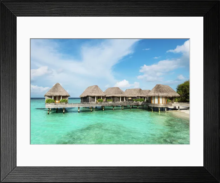 Framed Print : Overwater bungalows in a luxury resort, Baa Atoll, Maldives Framed Print : Overwater bungalows in a luxury resort, Baa Atoll, Maldives