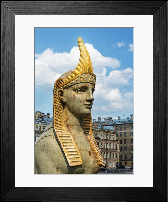 Framed Print : Cast iron sphinx guarding the approach to the Egyptian Bridge (Yegipetskiy Most) over Fontanka River, Saint Petersburg, Russia