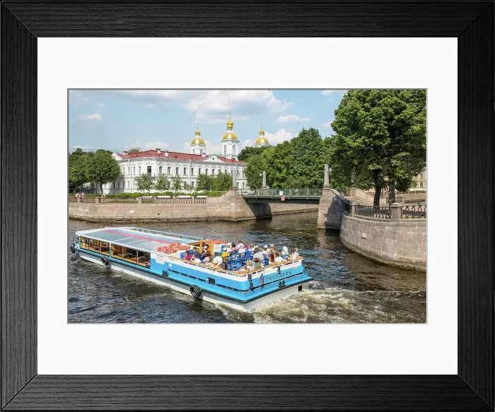 Framed Print : A river cruise passing by Saint Nicholas Naval Cathedral (Nikolskiy Morskoy Sobor) and Krasnogvardeysky Bridge (Red Guard Bridge), Saint Petersburg, Russia Framed Print : A river cruise passing by Saint Nicholas Naval Cathedral (Nikolskiy Morskoy Sobor) and Krasnogvardeysky Bridge (Red Guard Bridge), Saint Petersburg, Russia