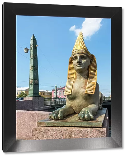 Cast iron sphinx guarding the approach to the Egyptian Bridge (Yegipetskiy Most) over Fontanka River, Saint Petersburg, Russia
