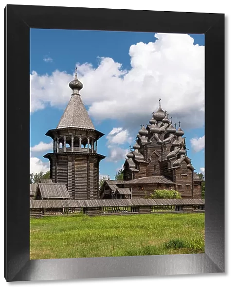 Wooden Church of Intercession (Pokrovskaya Church) with 25 domes, and bell tower, built in full accordance with the technologies of the 18th century, from wood without the use of nails, near Saint Petersburg, Russia