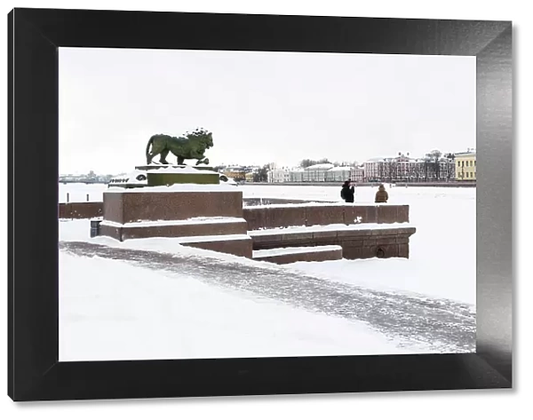 Marble lion at the Dvortsovaya pier of the Admiralty Embankment, on River Neva, looking towards the historic buildings of the University Embankment, Saint Petersburg, Russia
