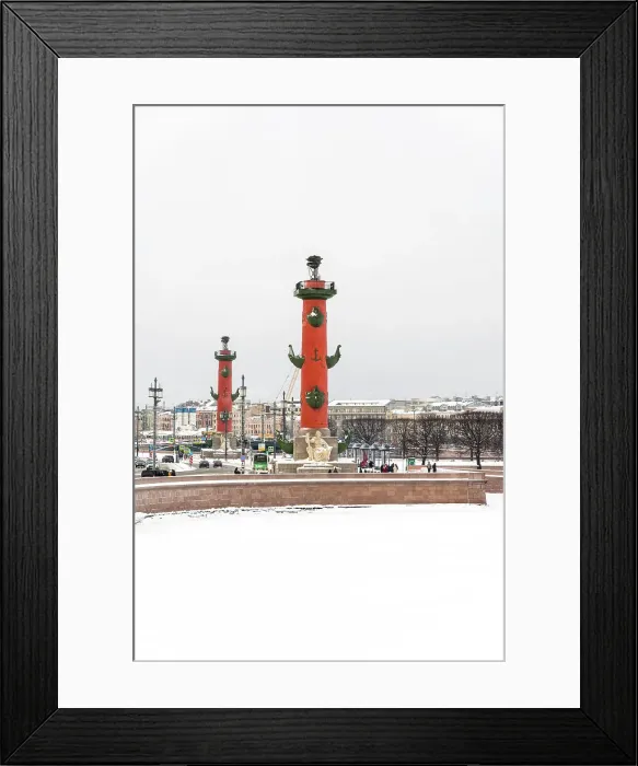 Framed Print : View towards Rostral Columns and the Spit of Vasilyevsky Island (Vasilyevsky Ostrov) in winter, Saint Petersburg, Russia