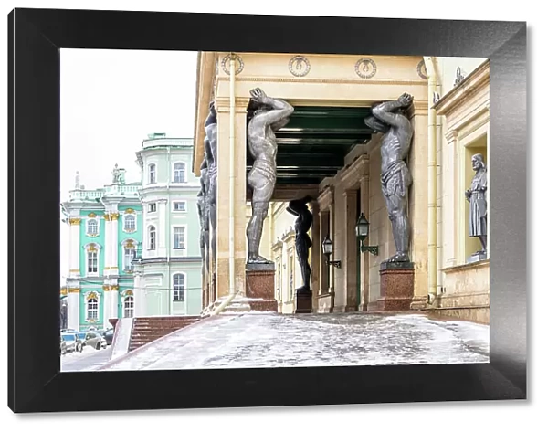 Atlantes - 10 grey granite giants by sculptor Alexander Terebenev, supporting the portico of the New Hermitage, Saint Petersburg, Russia