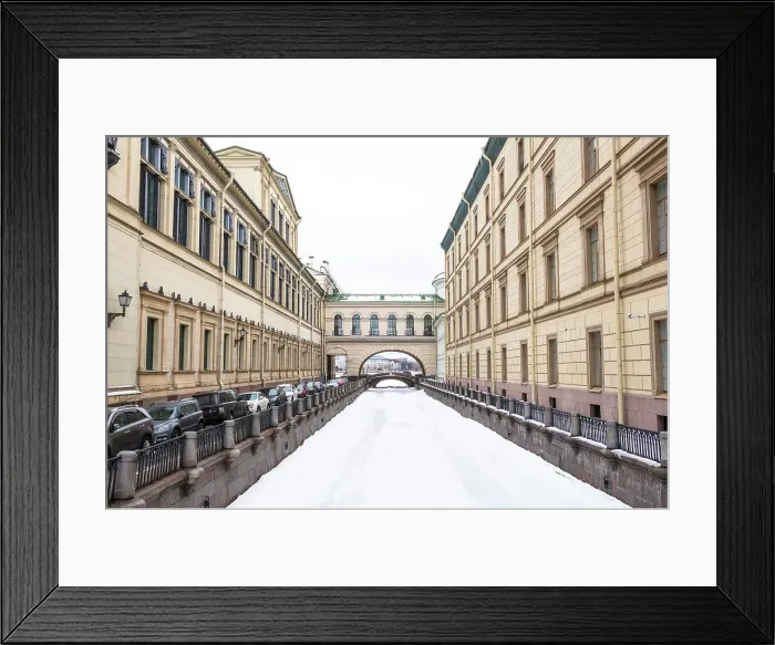 Framed Print : View towards Hermitage Bridge over Zimniaya Kanavka (Winter Canal), and Neva River beyond, in winter, Saint Petersburg, Russia