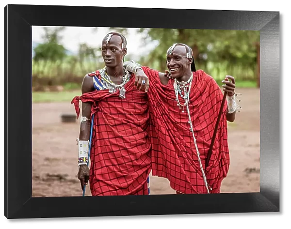 Africa, Tanzania, Manyara Region. Msai men dressed in typical warrior dress with decoration and jewellery. At a ceremony, laughing